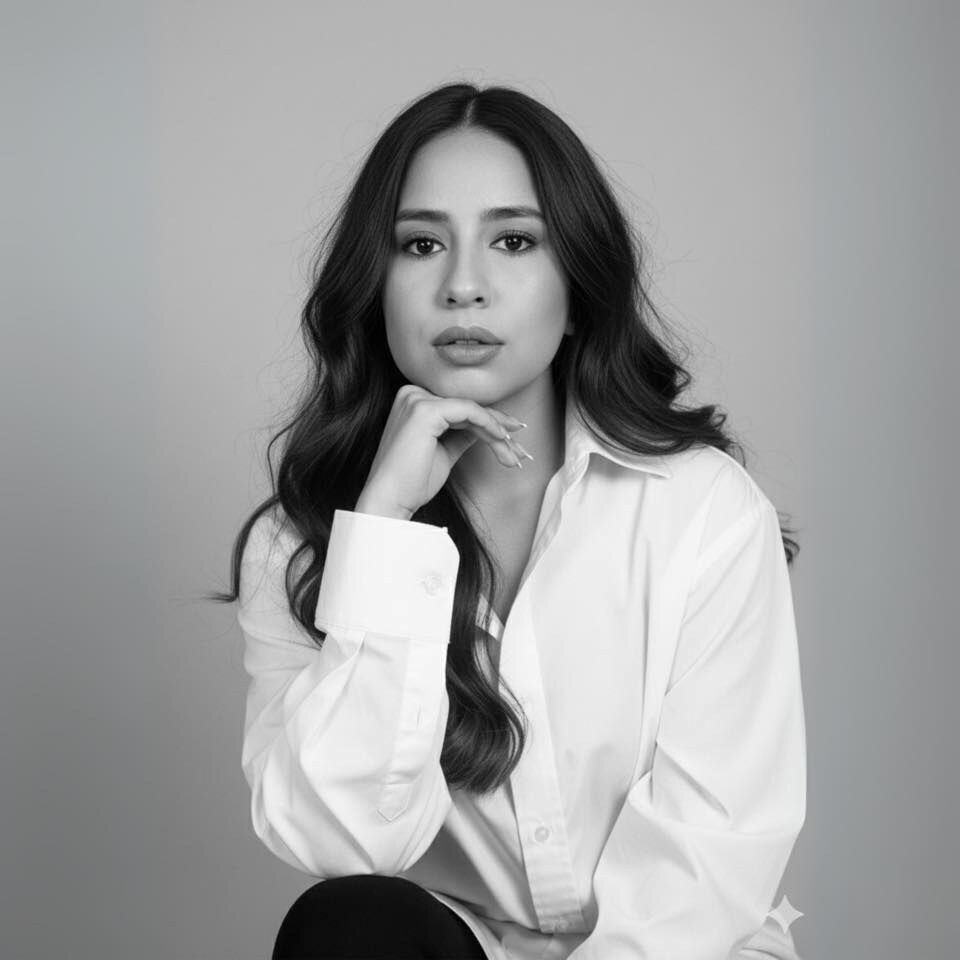 Retrato en blanco y negro de Michelle Corona, maquillista profesional en Morelia